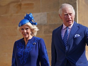 King Charles (R) and Camilla, Queen Consort arrive for the Easter Mattins Service at St. George's Chapel, Windsor Castle on April 9, 2023.