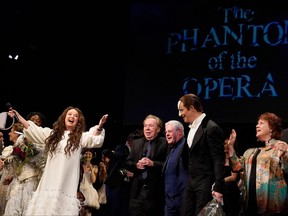 Sarah Brightman, Andrew Lloyd Webber, Cameron Mackintosh and Laird Mackintosh as the Phantom, take a bow at the end of the final performance of the musical "Phantom of the Opera" at the Majestic Theater in New York City on April 16, 2023.