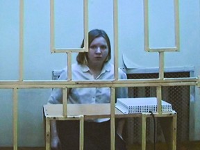 Darya Trepova, charged with terrorism over the April 2 bomb blast in a cafe in Saint Petersburg that killed military blogger Vladlen Tatarsky (real name Maxim Fomin), appears on a screen via a video link from the detention centre before her appeal hearing at the Moscow City Court in Moscow on April 24, 2023.