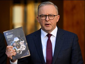 Australian Prime Minister Anthony Albanese speaks to the media during a news conference after the release of the Defence Strategic Review at Parliament House in Canberra, Australia April 24, 2023.