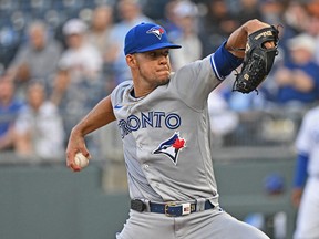 Blue Jays starting pitcher Jose Berrios delivers a pitch during the first inning against the Kansas City Royals at Kauffman Stadium on Monday, April 3, 2023.