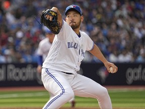 Apr 15, 2023; Toronto, Ontario, CAN; Toronto Blue Jays pitcher Yusei Kikuchi pitches to the Tampa Bay Rays during the sixth inning at Rogers Centre.