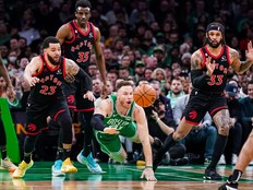 Apr 5, 2023; Boston, Massachusetts, USA; Boston Celtics forward Blake Griffin (91) works for the ball against Toronto Raptors guard Fred VanVleet (23) in the first quarter at TD Garden.