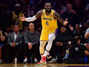 Los Angeles Lakers forward LeBron James (6) reacts to a call during play against the Minnesota Timberwolves in the second half at Crypto.com Arena in Los Angeles on April 11, 2023. Gary A. Vasquez-USA TODAY Sports