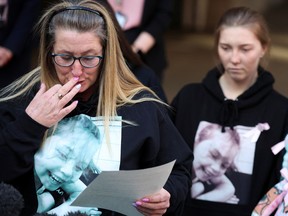 Olivia Pratt-Korbel's mother, Cheryl Korbel, reads a statement outside Manchester Crown Court following the sentencing of Thomas Cashman in Manchester, Britain April 3, 2023.
