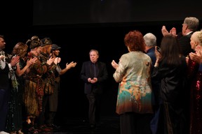 Composer Andrew Lloyd Webber is applauded by cast and crew members after the final performance of the Phantom of the Opera, which closes after 35 years on Broadway, in New York City, U.S., April 16, 2023. REUTERS/Caitlin Ochs