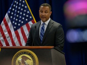 Breon Peace, U.S. Attorney for the Eastern District of New York, speaks during a press conference held by the Department of Justice announcing arrests and charges against multiple individuals alleged to be connected to the Chinese Government, at the U.S. Attorney's office in New York City, Monday, April 17, 2023.