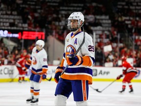 Brock Nelson of the New York Islanders warms up before action against the Carolina Hurricanes in the Eastern Conference Game Five of the First Round of the 2023 Stanley Cup Playoffs at PNC Arena on April 25, 2023 in Raleigh, N.C.
