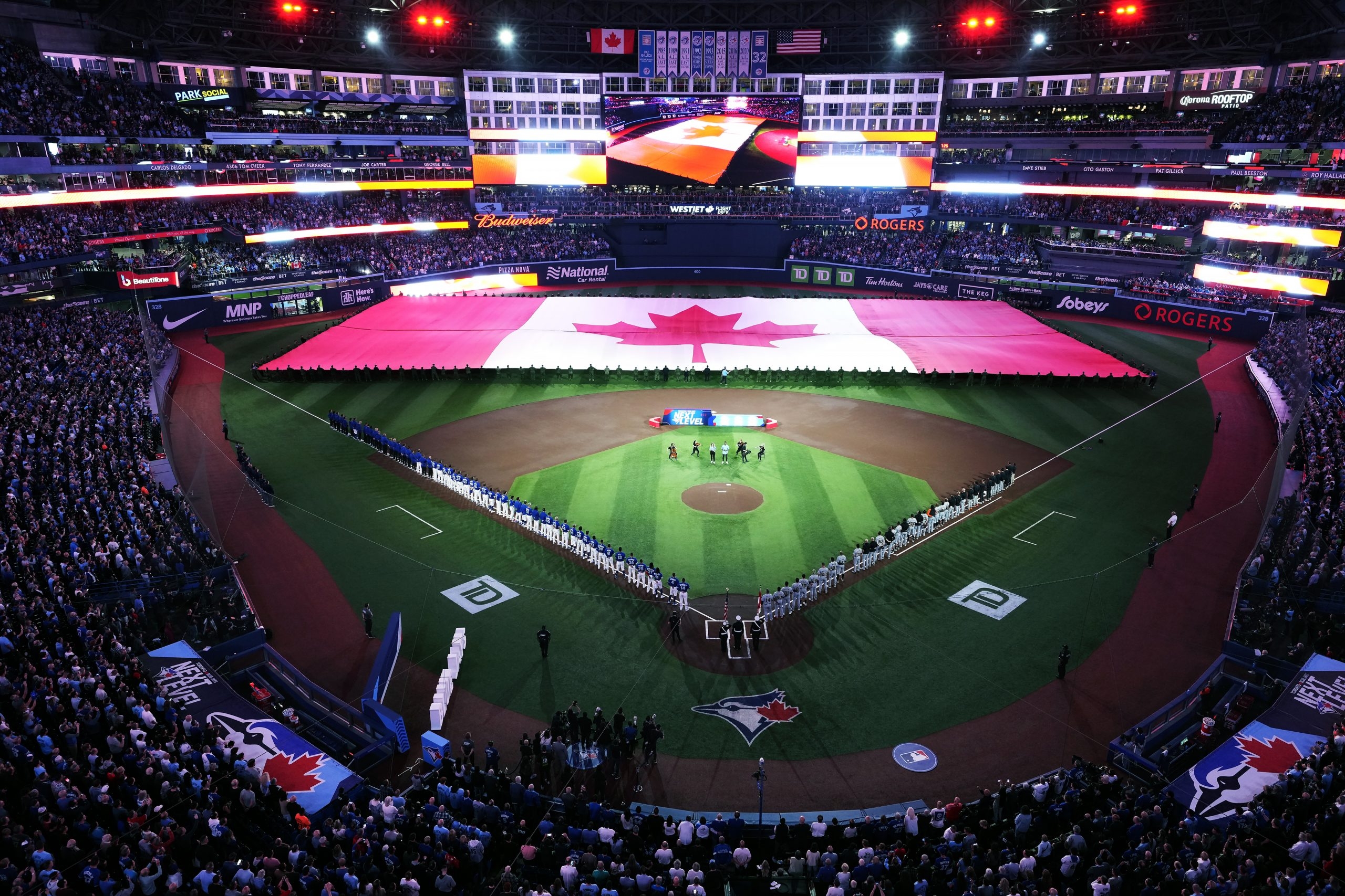 Toronto, Canada. 11th Apr, 2023. Toronto Blue Jays players stand