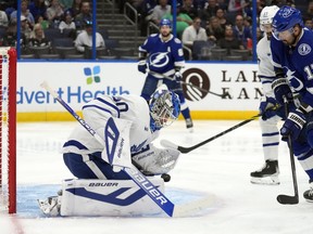Maple Leafs goaltender Joseph Woll makes a save on a shot by Lightning's Alex Killorn during the second period on Tuesday, April 11, 2023, in Tampa, Fla.