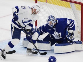 Maple Leafs goaltender Ilya Samsonov makes a save on Tampa Bay Lightning's Alex Killorn during the first period of Game 1 on Tuesday, April 18, 2023.