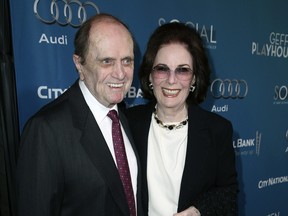 This image released by Geffen Playhouse shows Bob Newhart, left, and Ginnie Newhart backstage at The Geffen Gala in Los Angeles on March 22, 2014.
