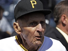 Former Pittsburgh Pirates shortstop Dick Groat is shown during pregame ceremonies honoring his lifetime of service to the Pirates organization, before a baseball game against the St. Louis Cardinals in Pittsburgh, Monday, April 1, 2019. Groat, a two-sport star who went from All-American guard in basketball to a brief stint in the NBA to ultimately an All-Star shortstop and the 1960 National League MVP while playing baseball for his hometown Pittsburgh Pirates, has died. He was 92. Groat's family said in a statement that Groat died early Thursday morning, April 27, 2023, due to complications from a stroke.