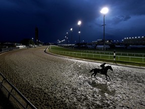 Horses work out in the rain at Churchill Downs Tuesday, May 3, 2022, in Louisville, Ky.