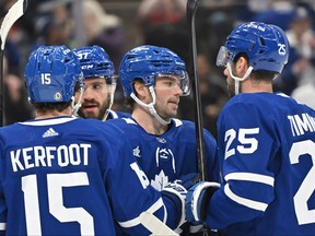 Toronto Maple Leafs forward Calle Jarnkrok celebrates with teammates after scoring against the Detroit Red Wings in the first period at Scotiabank Arena in Toronto, April 2, 2023.