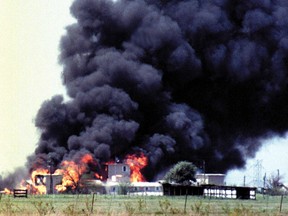 Flames engulf the Branch Davidian compound near Waco, Texas, on April 19, 1993.