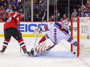 New Jersey Devils left wing Erik Haula scores a goal on New York Rangers goaltender Igor Shesterkin during the second period in game five of the first round of the 2023 Stanley Cup Playoffs at Prudential Center in Newark, N.J., April 27, 2023.