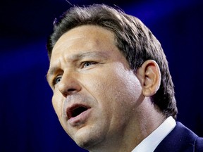 Republican Florida Governor Ron DeSantis speaks during his 2022 U.S. midterm elections night party in Tampa, Florida November 8, 2022.