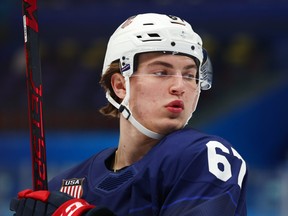 Matt Knies of Team United States warms up before the Men's Ice Hockey Preliminary Round Group A match against Team China on Day 6 of the Beijing 2022 Winter Olympic Games at National Indoor Stadium on February 10, 2022 in Beijing, China.