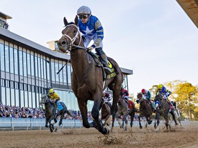Jockey Flavien Prat on Angel Of Empire, crosses the finish line to win the 87th running of the Arkansas Derby at Oaklawn Park on April 01, 2023 in Hot Springs, Arkansas. (Wesley Hitt/Getty Images)