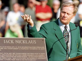 Golf legend Jack Nicklaus of the US speaks to a large gathering during a ceremony dedicating a plaque in his honor at the 1998 Masters golf tournament 07 April at Augusta National Golf Course in Augusta, GA. Nicklaus is the only six-time winner and is playing in his 40th Masters.  He won his first in 1963 at the age of 23.