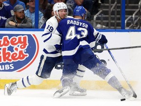 Maple Leafs Calle Jarnkrok (19), here going one-on-one with Tampa Bay defenceman Darren Raddysh in Game 3 on Saturday night, is the only Maple Leaf who hasn't been on the ice for a 5-on-5 goal against in the series.