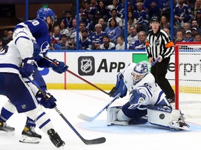 Maple Leafs goaltender Ilya Samsonov makes a save against Tampa Bay Lightning's Nicholas Paul during the third period in Game 3 at Amalie Arena on Saturday night.