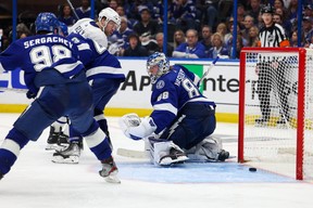 Morgan Rielly is wide-eyed in anticipation as he watches teammate John Tavares’ shot slide past Andrei Vasilevskiy for the series-clinching overtime goal last night in Tampa. (Nathan Ray Seebeck-USA TODAY Sports)
