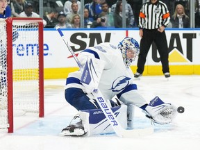 Apr 27, 2023; Toronto, Ontario, CAN; Tampa Bay Lightning goaltender Andrei Vasilevskiy makes a save against the Toronto Maple Leafs during the third period in game five of the first round of the 2023 Stanley Cup Playoffs at Scotiabank Arena.