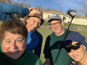 From left, Jane Stevenson, Joey Filippone, Rory Workman and Diane Jackson during their golf lesson at Black Bear Ridge. (Jane Stevenson/Toronto Sun)