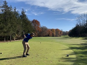 Joey Filippone whacks a good one off the tee at Black Bear Ridge golf resort in Belleville.
