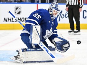 Maple Leafs goalie Ilya Samsonov makes a save against the Canadiens in the second period at Scotiabank Arena in Toronto, Saturday, April 8, 2023.