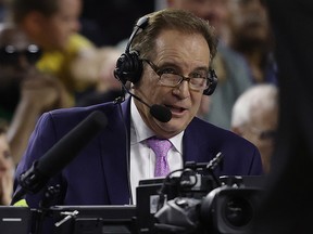 Announcer Jim Nantz calls his final NCAA basketball game between the San Diego State Aztecs and Connecticut Huskies at NRG Stadium on April 3, 2023 in Houston.