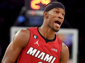 Miami Heat forward Jimmy Butler reacts during the fourth quarter of Game 1 of the 2023 NBA Eastern Conference semifinal playoffs against the New York Knicks at Madison Square Garden in New York, April 30, 2023.