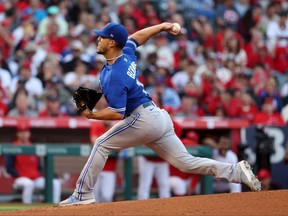Blue Jays starting pitcher Jose Berrios (17) pitches during the first inning against the Los Angeles Angels at Angel Stadium.