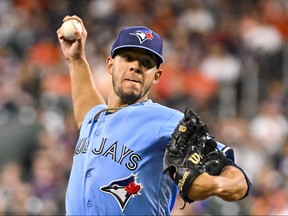 Jose Berrios of the Toronto Blue Jays pitches in the first inning against the Houston Astros at Minute Maid Park on April 19, 2023 in Houston, Texas.