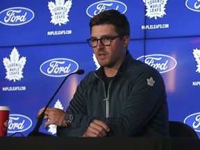 Toronto Maple Leafs GM Kyle Dubas speaks at the podium on September 21, 2022.
