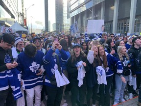 Leas Nation soak up the atmosphere in Maple Leafs Square outside Scotiabank Arena on Thursday, April 27, 2023.