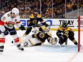 Matthew Tkachuk of the Florida Panthers scores the game winning goal on Linus Ullmark of the Boston Bruins during overtime in Game 5 of the First Round of the 2023 Stanley Cup Playoffs at TD Garden on April 26, 2023 in Boston, Mass.