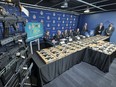 Toronto Police Supt.. Steve Watts (at the podium) at an April 11, 2023 press conference where police announced the seizure of 173 guns and the arrest of 42 people as part of Project Moneypenny. (Jack Boland/Toronto Sun)