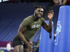 Alabama linebacker Will Anderson runs a drill at the NFL football scouting combine in Indianapolis, Thursday, March 2, 2023.
