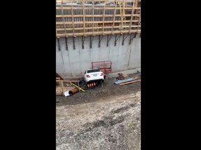 A screenshot of a video posted to twitter by OPP Highway Safety Division, shows a car that entered a marked construction zone in Mississauga. Two people transported to hospital with minor injuries. The OPP are investigating. Twitter/@OPP_HSD