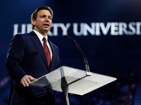 Florida Governor Ron DeSantis, a prospective Republican U.S. presidential candidate in 2024, addresses students during a convocation at Liberty University, in Lynchburg, Va., April 14, 2023.