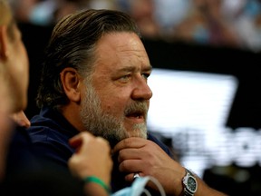 Actor Russell Crowe watches the Australian Open in Melbourne Park, Australia on January 29, 2022.