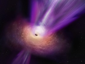 Scientists observing the compact radio core of galaxy M87 have discovered new details about the galaxy’s supermassive black hole. In this artist’s conception, the black hole’s massive jet is seen rising up from the centre of the black hole. The observations on which this illustration is based represent the first time that the jet and the black hole shadow have been imaged together, giving scientists new insights into how black holes can launch these powerful jets.