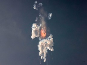 SpaceX's next-generation Starship spacecraft, atop its powerful Super Heavy rocket, explodes after its launch from the company's Boca Chica launchpad on a brief uncrewed test flight near Brownsville, Texas, Thursday, April 20, 2023.