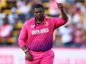 South Africa's Sisanda Magala celebrates after taking the wicket of Netherlands' Fred Klaassen during a one day international cricket match in Johannesburg, South Africa, on April 2, 2023.