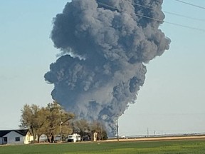 Smoke rises at the Southfork Dairy Farms, after an explosion and a fire killed around 18,000 cows, near Dimmitt, Texas, April 11, 2023, in this picture obtained from social media.