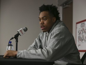 Scottie Barnes speaks with reporters during the Raptors' end-of-season locker cleanouts at the OVO Centre on Thursday, April 13, 2023.