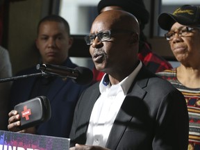 Toronto mayor candidate Mark Saunders spoke with a group of concerned citizens, business partners and parents about the decline of the downtown core and especially about safe injection sites being fixed to protect the community on Thursday, April 20, 2023.